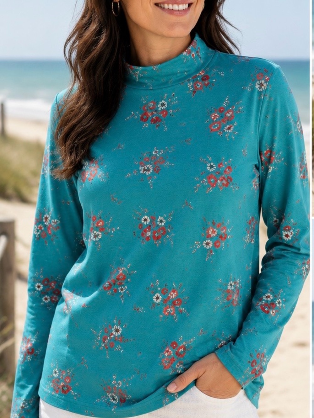 Lands’ End 100% Cotton Floral Mock Neck Long Sleeve Top Large 90's Inspo